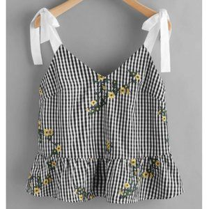 SHEIN Tie Shoulder Embroidered Ruffle Gingham Top